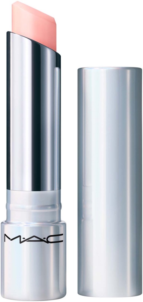 A silver lipstick tube with peach-colored lipstick inside and a removable cap.