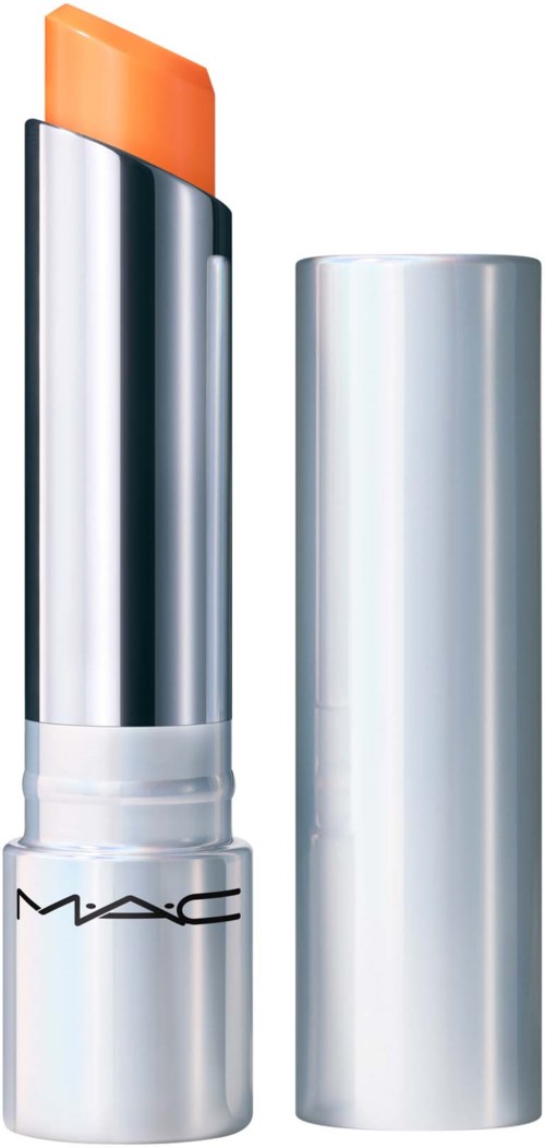 A silver lipstick tube with the cap removed, showing an orange lipstick inside.
