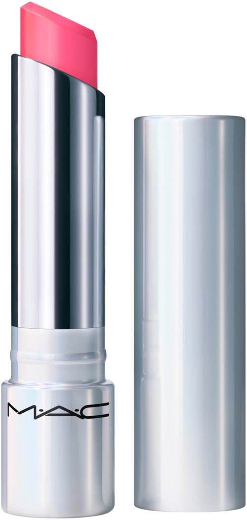 A silver lipstick tube with a pink lipstick inside and the MAC logo on the base.