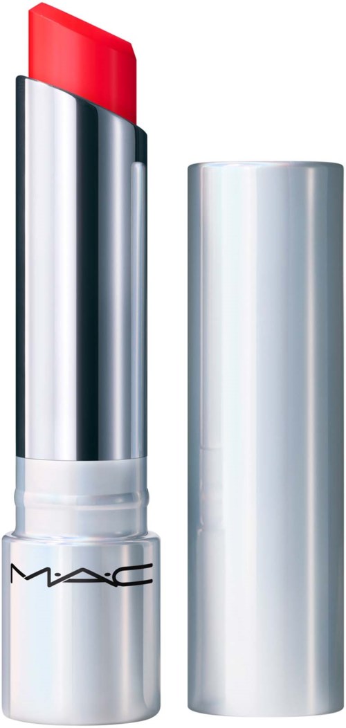 A red lipstick inside a shiny silver tube with the cap removed, showing the bright red color. MAC logo on the tube.