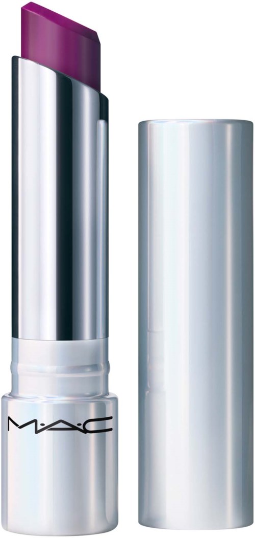 A purple lipstick with a silver case and silver cap, standing upright.