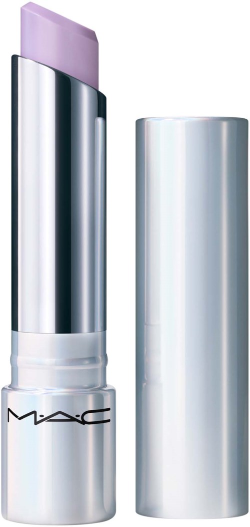 A MAC lipstick with a silver case and light purple lipstick. The cap is removed and placed beside it.