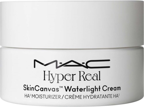 A white jar of MAC Hyper Real SkinCanvas Waterlight Cream with black text on the front.