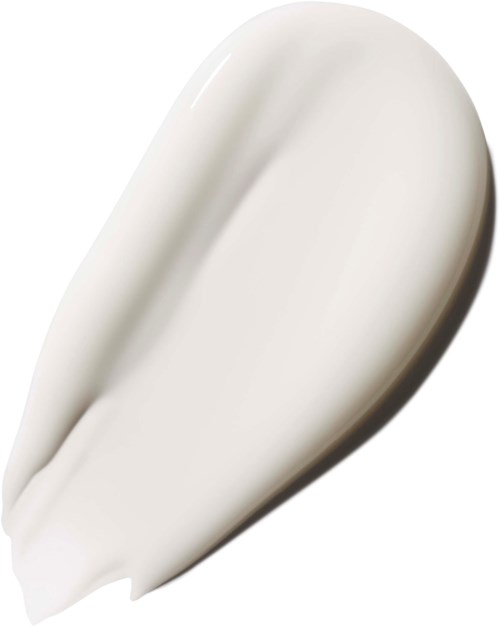 A white, oval-shaped cream dollop with a smooth, shiny surface and a slight curve.