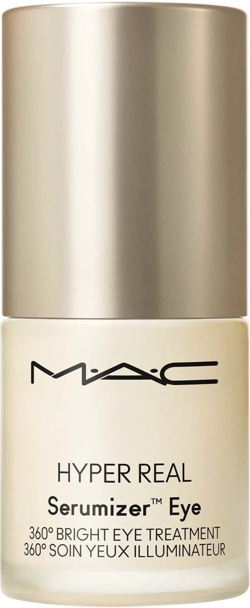 A small bottle of MAC Hyper Real Serumizer Eye cream with a silver cap and white body.
