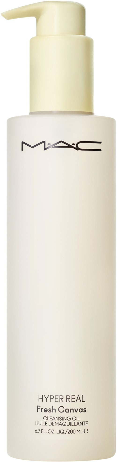 A white bottle of MAC Hyper Real Fresh Canvas, a cleansing oil with a pump top.