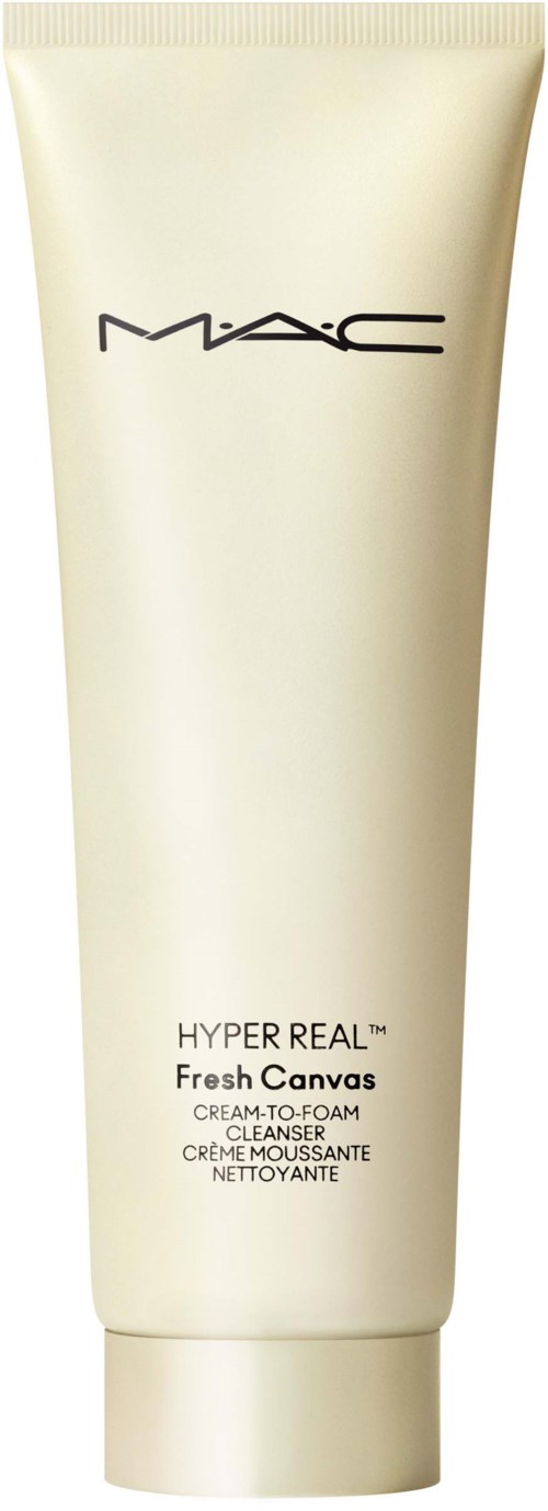 A white tube of MAC Hyper Real Fresh Canvas cream-to-foam with black text.
