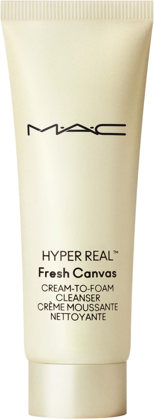 A white tube labeled MAC Hyper Real Fresh Canvas Cream-to-Foam Cleanser. Simple design with black text.