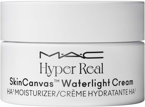 A white jar with black text shows it is MAC Hyper Real SkinCamvas Waterlight Cream, a moisturizer.