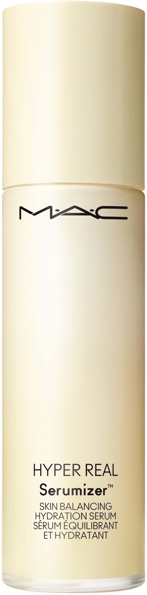 A tall, white cylindrical bottle with the MAC logo and the name Hyper Real Serum on it.