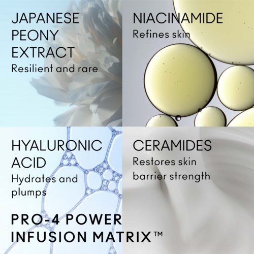 A skincare product promoting natural ingredients like Japanese Peony Extract, Niacinamide, Hyaluronic Acid, and Ceramides for skin health.