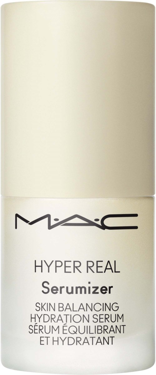 A white bottle with black text for MAC Hyper Real Serum, a skin hydration product for balancing and moisturizing.