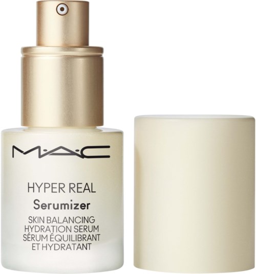 Cream bottle with a gold pump and cap, labeled 'MAC Hyper Real Serumizer,' for skin hydration.