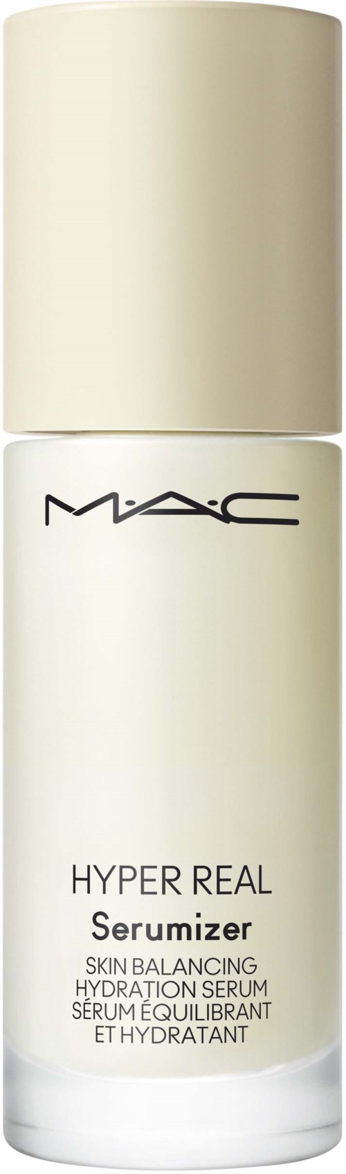A white cylindrical bottle with black MAC logo and text, labeled Hyper Real Serum for skin hydration and balancing.
