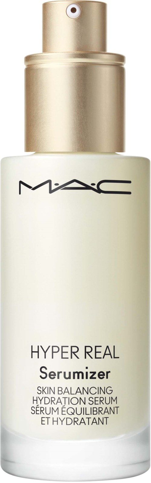 A white bottle with a gold cap and pump, labeled MAC Hyper Real Serum for skin hydration.