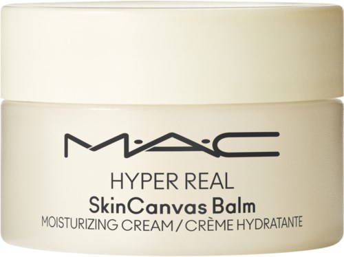 A white jar of MAC Hyper Real SkinCanvas Balm, moisturizing cream for skin.