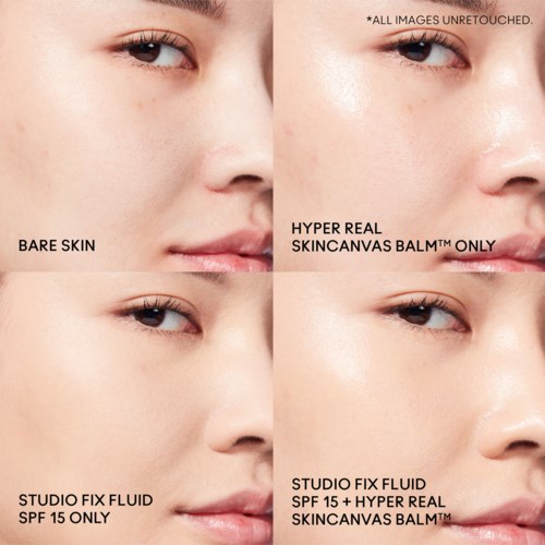 Comparison of bare skin, skin with balm, fluid, and SPF on the face.