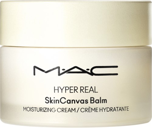 En vit burk med MAC Hyper Real SkinCanvas Balm, en fuktgivande kräm. Enkel etikett med produktnamn och beskrivning.