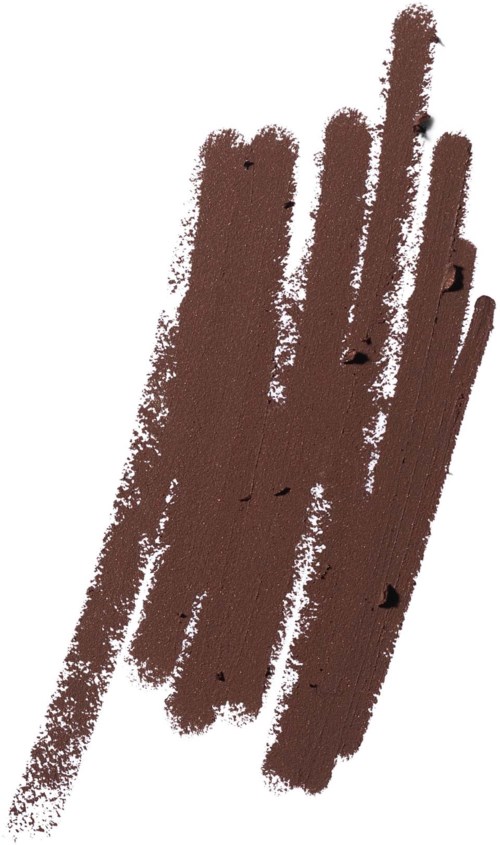 Prøve av brun makeup- eller hudpleieprodukt, ser ut til å ha en teksturert overflate med striper på hvit bakgrunn.