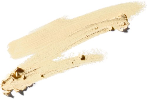 Kremaktig beige foundationprøve på hvit bakgrunn.