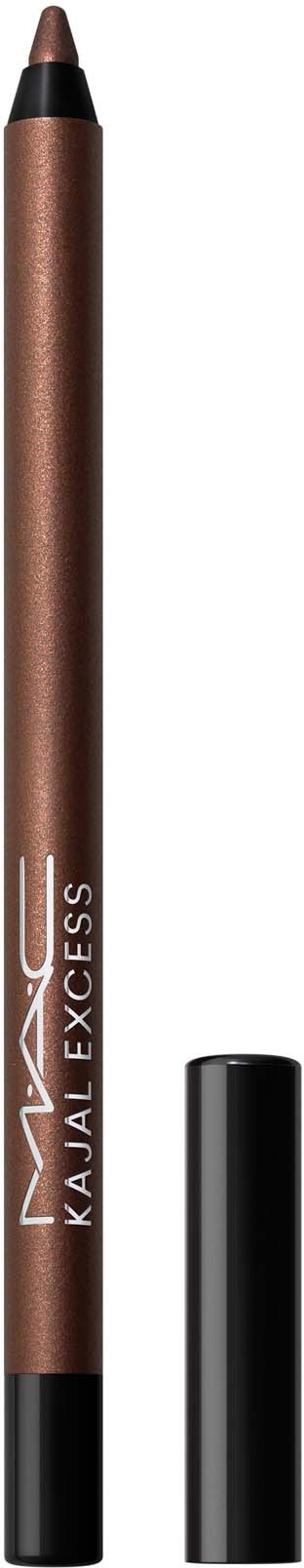 Et brunt eyeliner-nyl med svart lokk og MAC-logo, stående vertikalt mot en svart bakgrunn.