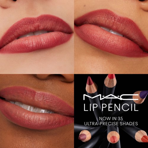 Three images of lips with makeup and a MAC lip pencil advertisement showing shades.