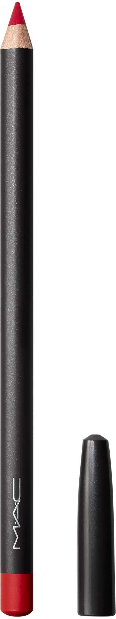 A red and black lip liner pencil standing upright with the cap removed. The cap is beside it.