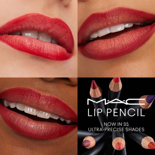 Four lips with red lipstick, showing different expressions and a MAC lip pencil advertisement.