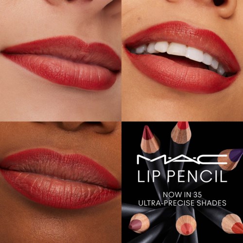Close-up of lips showing different lipstick styles and a MAC lip pencil ad.