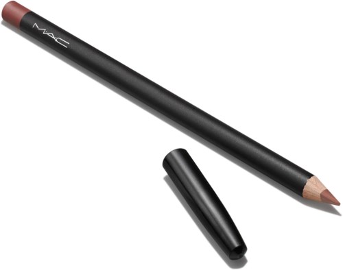 A MAC cosmetic pencil with cap removed, showing a brownish lip liner or similar product.
