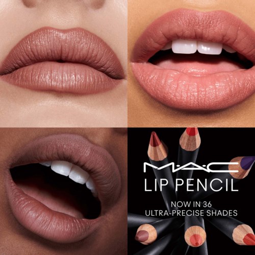 The image shows three different lip close-ups and a logo for MAC lip pencils, highlighting lip colors and tools.