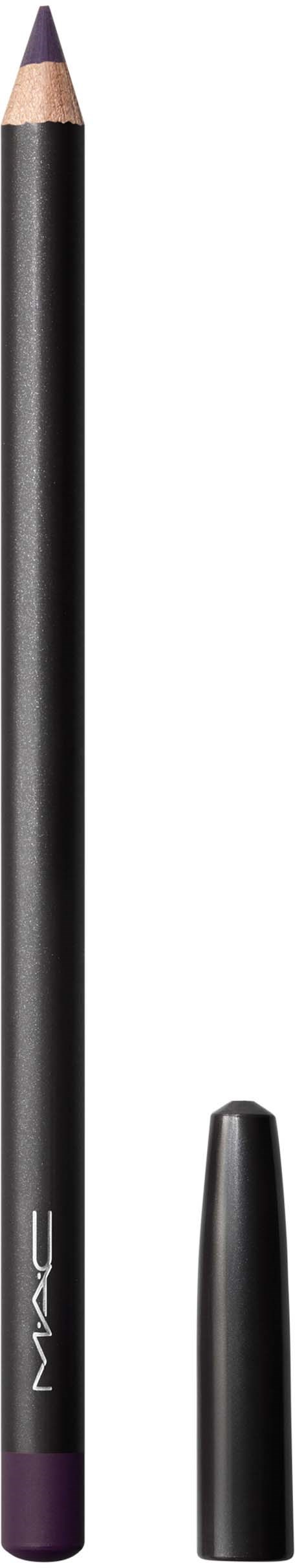 A black pencil with a purple end cap and a black cap. The pencil is sharpened at the tip.