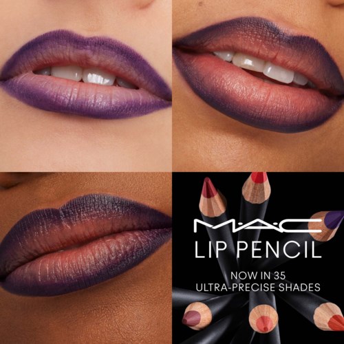 Close-up of lips with different makeup styles and a lip pencil advertisement.