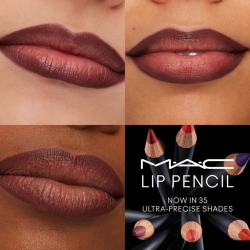 Different shades of lipstick on lips, with one image showing a MAC lip pencil box.