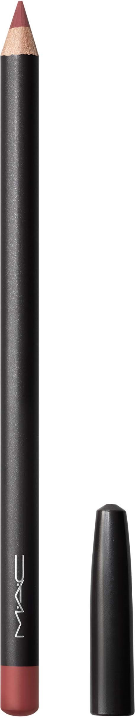 A MAC lip liner pencil with black body and cap, and a pinkish tip showing. The brand name is on the pencil.