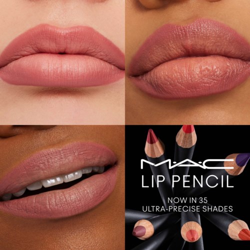Close-up of lips showing different lip makeup and a MAC lip pencil advertisement with shades.
