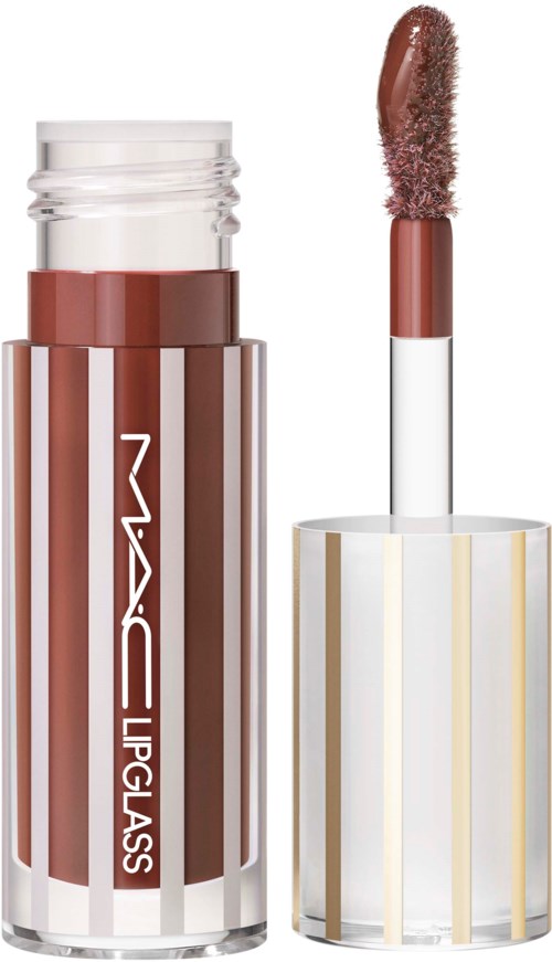 A lipstick tube and applicator with shiny silver and white stripes, and a brown lipstick shade.
