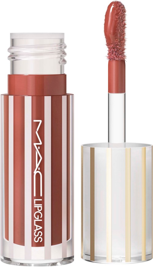 A MAC lip gloss tube with a brush inside, showing a pinkish-brown color.