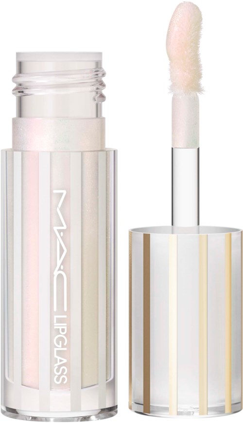 A white lipstick tube with a gold striped design and a fluffy applicator stick outside.