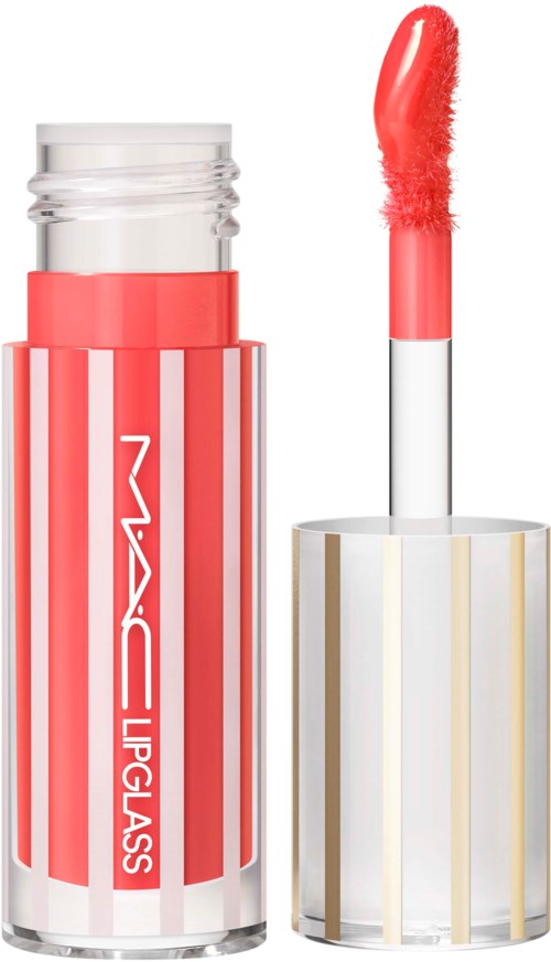 A red lip gloss tube with a wand applicator showing a shiny, glossy finish.