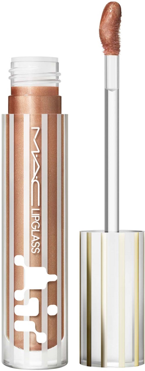 Lip gloss tube with a wand showing a shiny, light brown gloss. The tube has a clear body with white and gold details.