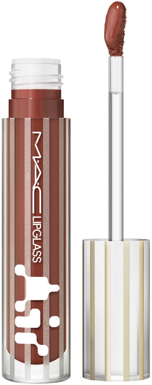 Lip gloss tube with a wand applicator, containing brownish-pink gloss.