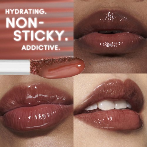 Lip gloss shown with shiny, smooth lips. Includes text about a moisturizing, non-sticky, and addictive product.