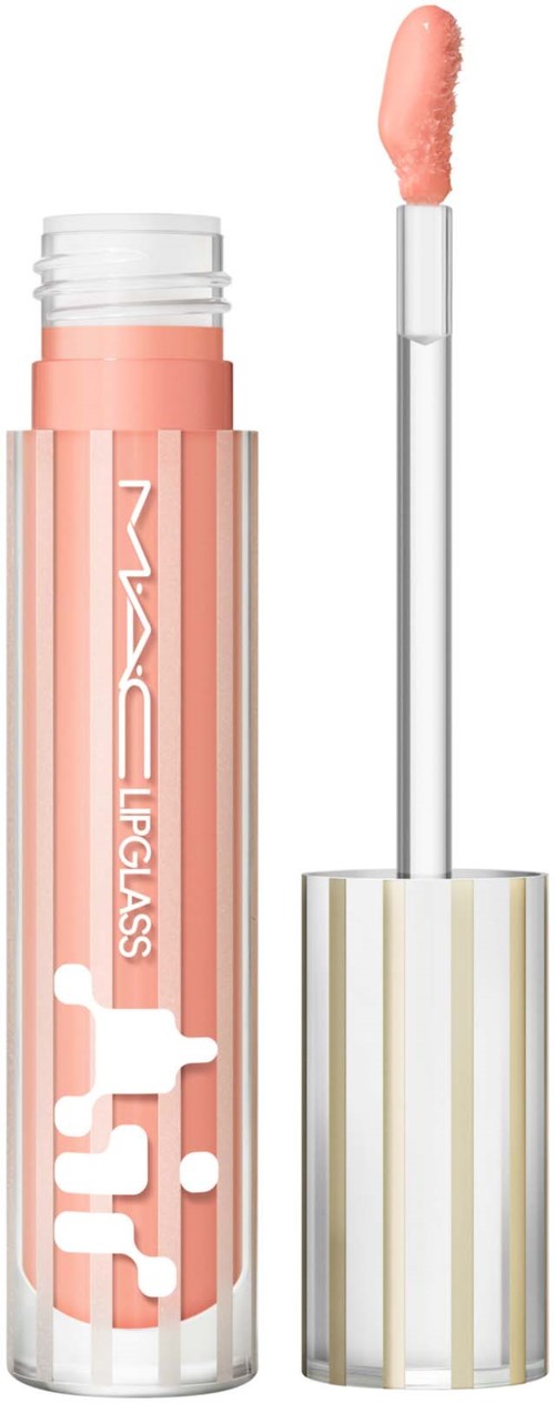 A peach-colored lip gloss tube with a clear lid and an applicator wand showing. Brand is MAC Lipglass.