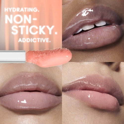 Lip gloss application showing shiny, smooth lips and a close-up of a lip gloss tube. The text highlights hydration and non-sticky qualities.
