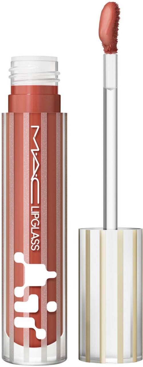 Lip gloss tube with a white and gold cap, open to show the applicator with shiny gloss.