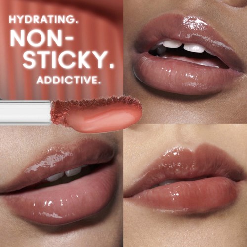 Lip gloss with a shiny, smooth finish on lips, showing textures and gloss effects.