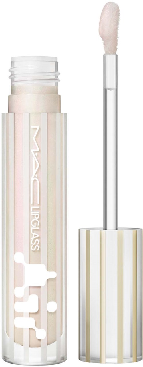 Lippenölfaserbecher mit einem weißen, flauschigen Applikatorpinsel und einem klaren, gestreiften Deckel.
