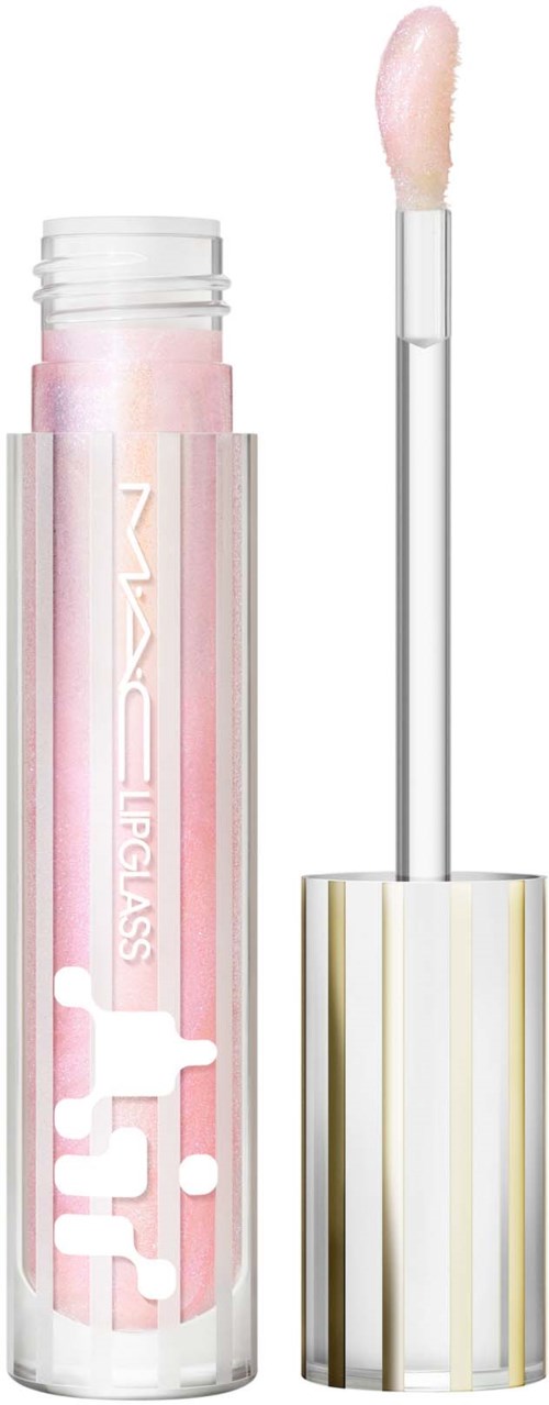 A lip gloss tube with pink gloss inside and a wand applicator outside the tube, decorated with white and gold stripes.