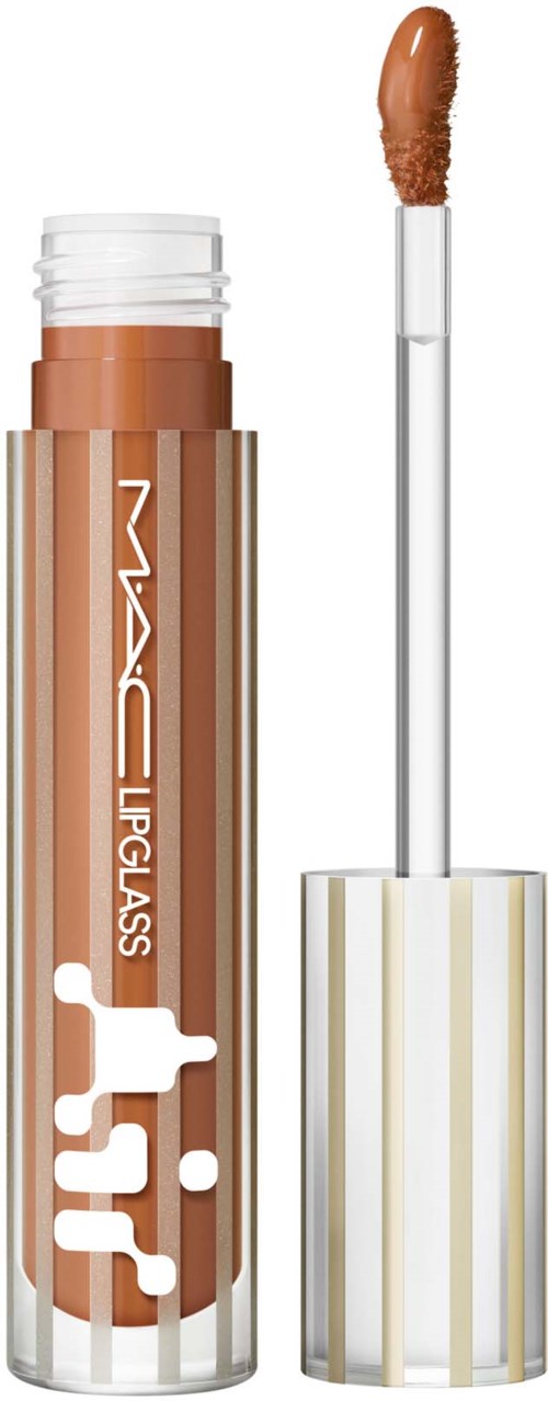 A MAC Lipglass tube with a clear lid, showing beige lip gloss with a wand applicator.
